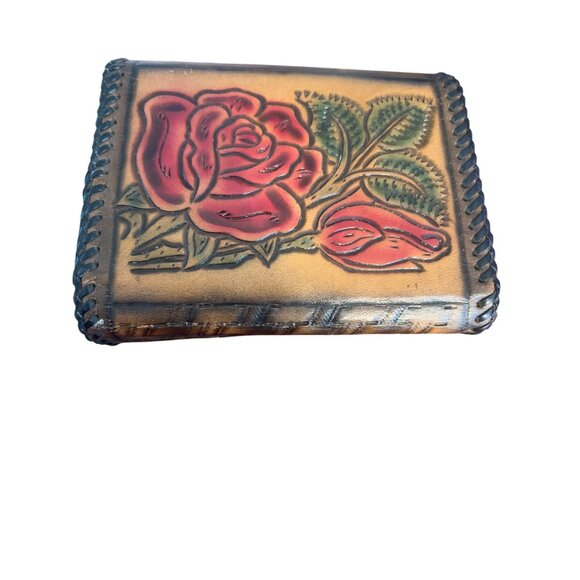 Vintage Handmade Tooled Leather Wallet Rose Design Snap Closure Lucille 5" x 4" - Picture 2 of 7